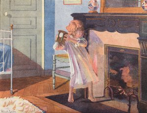 Kislány egy órát tart a kandalló mellett (színes litográfia)