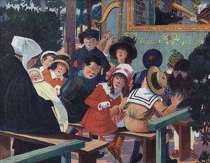 Bábelőadás: A guignol színházban a gyerekeket megzavarja egy síró baba. Illusztráció: Robert Salles (1871-1929) a „Je sais Lire” c.