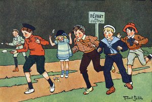 A tojásverseny. Gravírozás „”-be Mit játszunk? E. Weber „” Robert Salles (1871-1929) akvarell rajzaival. Librairie Garnier Freres, Párizs