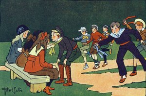 A gymkhana (pálya egy próbakörön játékvezetőkkel). Gravírozás „”-be Mit játszunk? E. Weber „” Robert Salles (1871-1929) akvarell rajzaival. Librairie Garnier Freres, Párizs