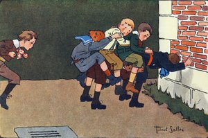 A ló elolvadt (amikor ugrik, egy másik gyerek hátára kell ugrani egy kalihurchont anélkül, hogy a többieket megütögetné). Gravírozás „”-be Mit játszunk? E. Weber „” Robert Salles (1871-1929) akvarell rajzaival. Librairie Garnier Frere alkotó: Robert Salles