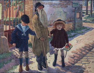 A vak botja: két gyerek segít járni egy vak öregnek. Illusztráció: Robert Salles (1871-1929) a „Je sais Lire” c.
