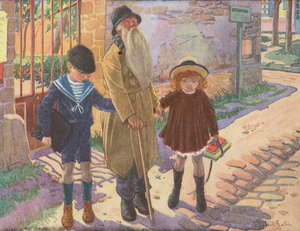 Két gyermek segít egy vak öregembernek, aki elvesztette a botját (színes litográfia)