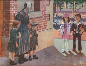 Két jómódú gyermek találkozik egy szegény anyával és gyermekeivel, akik az utcán koldulnak (színes lithó) alkotó: Robert Salles
