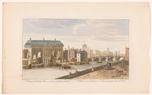 Kilátás a vámházra és a Liffey folyón átívelő Essex-hídra Dublinban A Vámház és az Essex Bridge kilátása, Dublin (cím az objektumon)