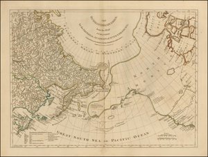 1775-ös térkép - Az orosz felfedezések, a Szentpétervári Császári Akadémia által kiadott térképből. alkotó: Robert Sayer