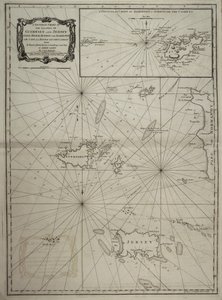 Guernsey és Jersey, Sark, Herm, Jethou és Alderney szigeteinek általános térképe, a Hágai-fok és a Casket-szigetek térképével. alkotó: Robert Sayer