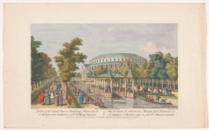 Kilátás a Rotundára és a kínai pavilonra a csatornán a londoni Ranelagh Gardens-ben álarcosbállal Kilátás a csatornára, kínai épületre, Rotundóra stb. a Ranelagh Gardensben, az álarcossal (cím a tárgyon) Ranelagh Gardens és Vauxhall G