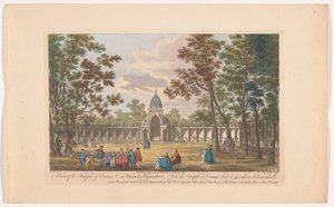Gezicht op de Temple of Comus a londoni Vauxhall Gardensben Kilátás a Comus-templomra stb. a Vauxhall Gardensben (cím az objektumon) Ranelagh Gardens és Vauxhall Gardens (sorozat címe) alkotó: Robert Sayer