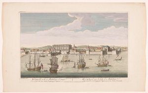Kilátás Bombay városára Bombay a Malabar-parton, amely az angliai Kelet-indiai Társasághoz tartozik (cím a tárgyon) A VOC települései (sorozat címe) alkotó: Robert Sayer