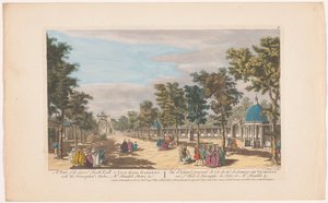 Kilátás a londoni Vauxhall Gardens diadalíves sugárútjára Kilátás a Vauxhall Gardens nagy déli sétájára. A diadalívekkel Mr. Händel szobra stb. (cím a tárgyon) Ranelagh Gardens és Vauxhall Gardens (sorozat címe)