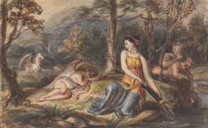 Diana, a vadászat istennője szatírokkal, alvó Ámorral és egy Pegazusszal erdős tájon