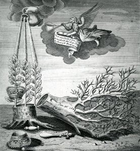 I. Károly kivégzésére és a Stuart-utódlásra utaló emblematikus nyomat, 1715.