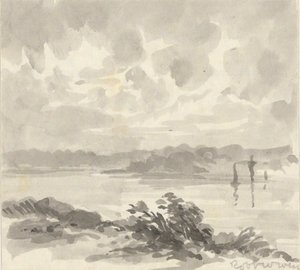 Táj - kilátás a tóra és a dombokra alkotó: Robert Walter Weir