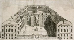 Madártávlati kép a Southwarki Guys Kórházról, alakokkal az udvaron, William Henry Toms metszetével, 1756 körül alkotó: Robert West