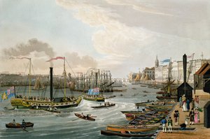 Kilátás a London Bridge-re és a vámházra, a Margate Steam Yachts kocsmával. 1820, Colnaghi und Co. (színes akvatinta)