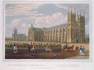 Kilátás a Westminster-apátságra és a Szent Margit-templomra, pub. szerző: Colnaghi und Co. (akvatinta)