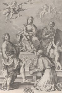 Madonna és gyermek a középpontban Keresztelő Szent Jánossal, Szent Lukácskal, Celestini Péter pápával,..., 1694.