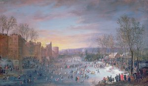 Korcsolyázás a Stadtgrabenen Brüsszelben, 1649 (panel)