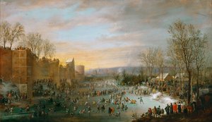 Patinage sur les douves Gelees de Bruxelles – Korcsolyázás a brüsszeli városárokban, Hoecke, Robert van den (1622-1668). olaj a fára