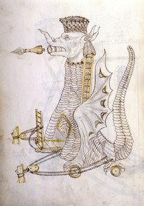 Arabica gép. Illusztráció egy arab hadigépezetről, sárkány formájú, szájából óriási nyilakkal. Roberto Valturio (1405-75) „De re Militari” című művében