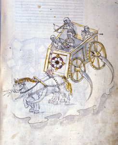 A háború művészete: katonai gépek tanulmányozása. Kaszákkal felszerelt tank, Roberto Valturio mérnök (1405-1483?) 