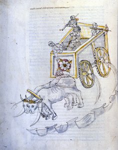 A háború művészete: katonai gépek tanulmányozása. kaszákkal felszerelt tank, Roberto Valturio mérnök (1405-1483?) 