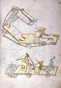A háború művészete: katonai gépek tanulmányozása, illusztrációja Roberto Valturio (1405-1483?) mérnök „De re Militari” című művéből.