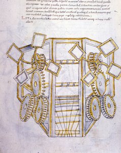 A háború művészete: katonai gépek tanulmányozása, illusztrációja Roberto Valturio (1405-1483?) mérnök „De re Militari” című művéből.