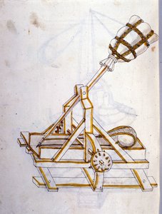 A háború művészete: katonai gépek tanulmányozása. katapult, illusztrációja a „De re Militari” című művéből, Roberto Valturio (1405-1483?) mérnöktől