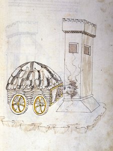 A háború művészete: katonai gépek tanulmányozása. egy páncélozott gép, amely egy tornyot megrohamoz, Roberto Valturio (1405-1483?) mérnök „De re Militari” című illusztrációja