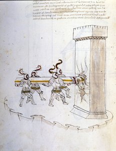 A háború művészete: katonai gépek tanulmányozása. kos használata torony ostromára, Roberto Valturio mérnök (1405-1483?) 