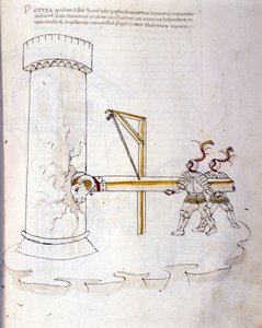 A háború művészete: katonai gépek tanulmányozása. kos használata torony ostromára, Roberto Valturio mérnök (1405-1483?) 
