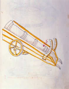 A háború művészete: tanulmány a katonai gépekről. Canon az óráján pózol, illusztrációja Roberto Valturio (1405-1483?) mérnök „De re militari” című művéből.