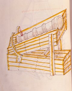 A háború művészete: tanulmány a katonai gépekről. A Canon az óráján pózol, felemelő rendszerrel, illusztrációja Roberto Valturio (1405-1483?) mérnök „De re Militari” című művéből.