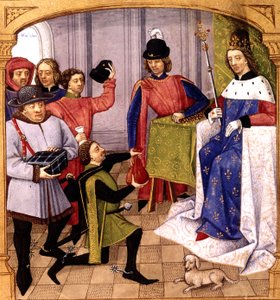 V. Fülöp francia rokon (1293-1322) adót kapott, Robinet Testard világítása a "Grandes Chroniques de France"-ból 1471