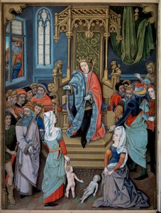 Salamon ítélete Két nő úgy tesz, mintha ugyanannak a gyermeknek az anyja. Miniatűr a Testard Tap (1475-1523 között aktív) Charles d