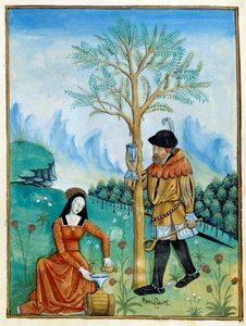 A balzsam visszaemlékezése. A fáról (flóra: balzsamier) folyó gyantát, vagy sevet, amelyet orvosságra használnak, a férfi összegyűjti, a nő pedig hordóba teszi. Miniatűr az „Egyszerű orvosok könyvében” (Folio 187v) v.1520-1530. Enlumine by Testard Tap