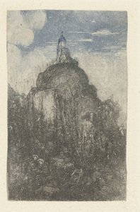 Sziklára építve és a szikla tövében pihenő pásztorok birkákkal Le Phare Chapelle alpestre alkotó: Rodolphe Bresdin