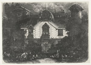 Ház toronnyal a kerítés mögött és pásztorlány szarvasmarhákkal La maison enchantee alkotó: Rodolphe Bresdin