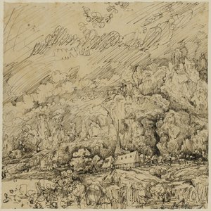 Tájkép egy régi templommal alkotó: Rodolphe Bresdin