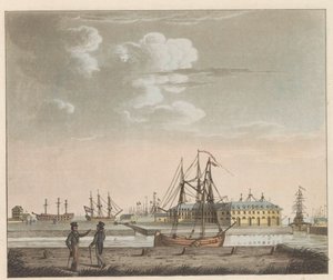 Rijkswerf Willemsoord, 1825 körül Willemsoord kilátása a tisztán - a Nieuwendiepnél és a nagy Noord-Hollandsch csatorna bejáratánál / Vue de Willemsoord au clear prês du Nieuwendiep, et L