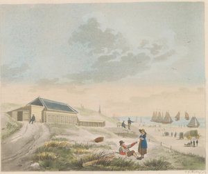 Strand Scheveningenben, 1825 körül Kilátás a scheveningeni strandra és dűnékre, valamint Mr. Pronk / Vue du rivage et des dunes a Scheveninge et representation des Bains appartement à mons.r Pronk fürdőházának bemutatása (cím a tárgyon)