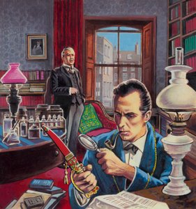Sherlock Holmes a dolgozószobájában (gouache, papír) alkotó: Roger (after) Payne