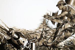 Olajosok egy északi-tengeri fúrótornyon (gouache, papír) alkotó: Roger Payne