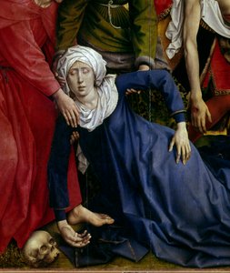 A kereszt lerakása vagy leereszkedése. Részlet az eltűnt szűzről. Rogier oltárkép (Roger) Van Der Weyden (1400-1464) 1435 Dim. 2,20 x 0,35 m Madrid, Musee du Prado - A lerakódás vagy leszállás a keresztről. Részlet a Szűz ájulásáról. Oltárkép által alkotó: Rogier van der Weyden