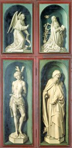 Az Angyali üdvözlet, Szent Sebestyén, Nagy Szent Antal és a két adományozó, panelek az Utolsó ítélet hátoldaláról, 1445-50 körül (olaj, tábla) alkotó: Rogier van der Weyden