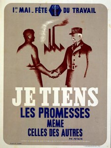Propaganda plakát, amelyet Petain marsall, a Vichy francia vezető adott ki a május elsejei munkásünnepségre a háborús Franciaországban (plakát). alkotó: Roland Coudon