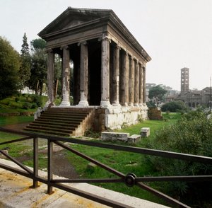 Az ókori Róma: kilátás a Tempio di Portuno-ra (Portunus temploma vagy a férfias szerencse temploma) az igazság szájának tere (Bocca della verita) közelében, Kr.e. 2-1. Róma alkotó: Roman