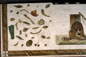 „Asarotos” (Söpöretlen padló) Harakliton által aláírt mozaiktöredékek Rómából, Kr.u. 2. század, Róma alkotó: Roman